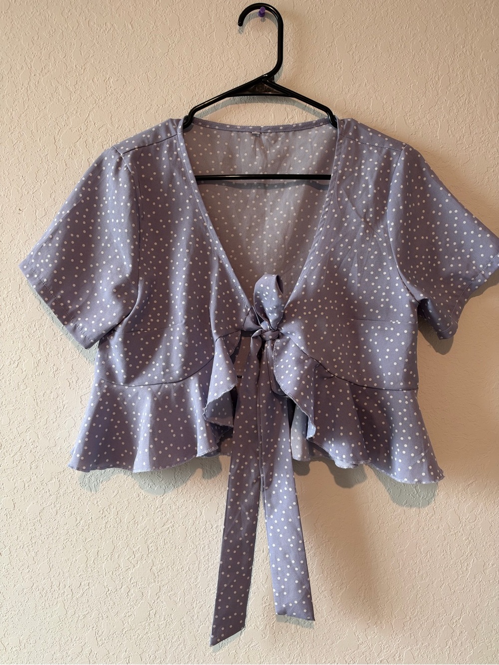 SHEIN Lavender Polka Dot Tie-Front Ruffle Blouse